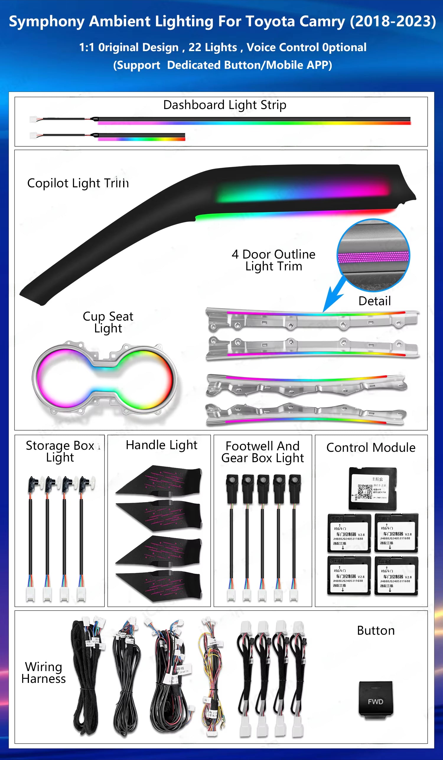 CRIS  for Toyota Camry 8th 2018-2023 Ambient Light Symphony Colorful Trim Panel Car Interior Lighting Upgrade Car Accessories