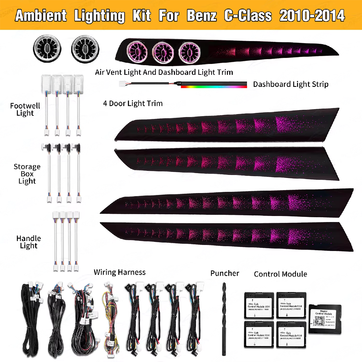 CRIS  W204 Ambient Lighting Upgrade Kit for Mercedes-Benz C Class 2010 - 2014 Interior LED Light Trim Air Vent Accessories