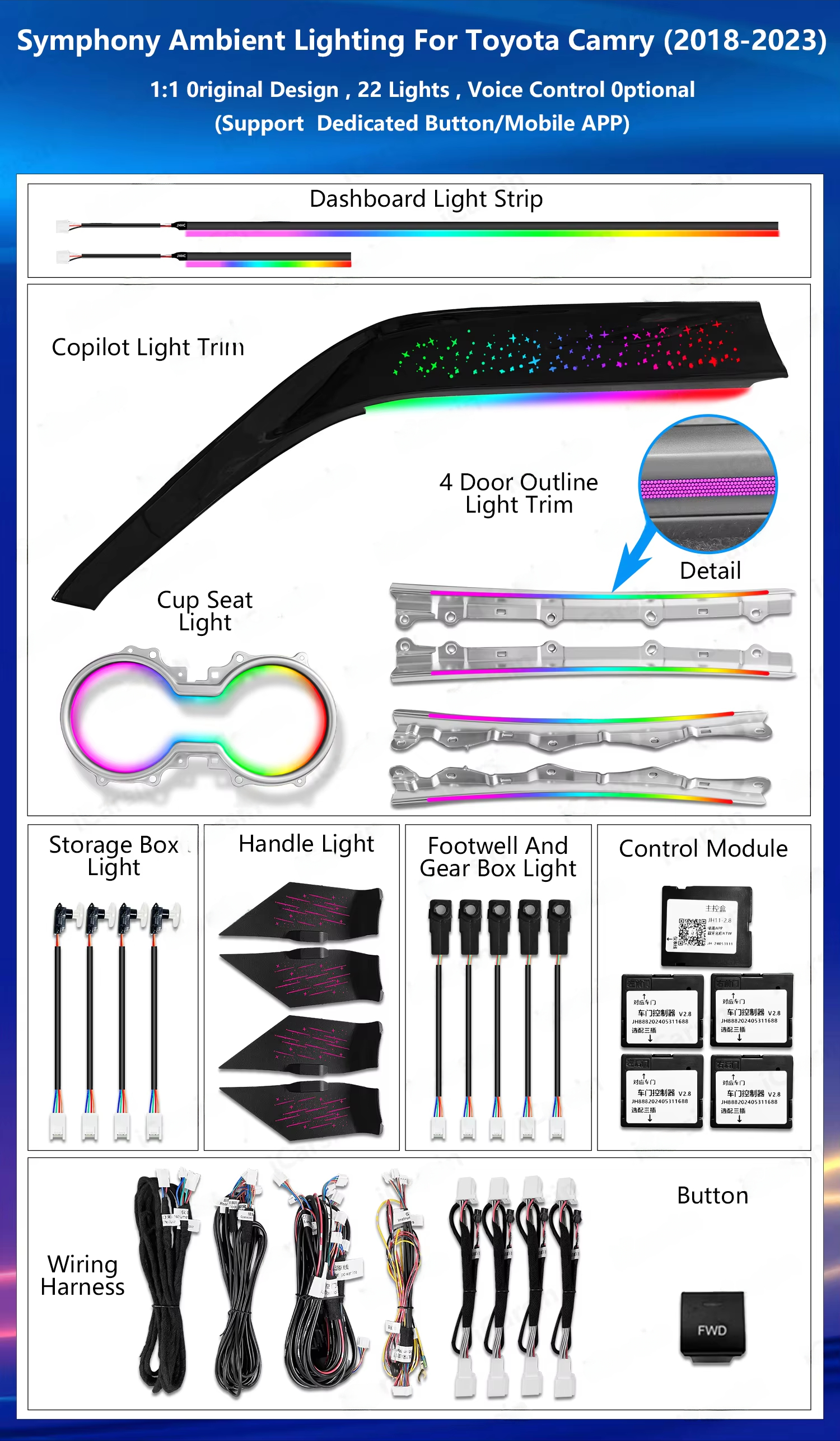 CRIS  for Toyota Camry 8th 2018-2023 Ambient Light Symphony Colorful Trim Panel Car Interior Lighting Upgrade Car Accessories