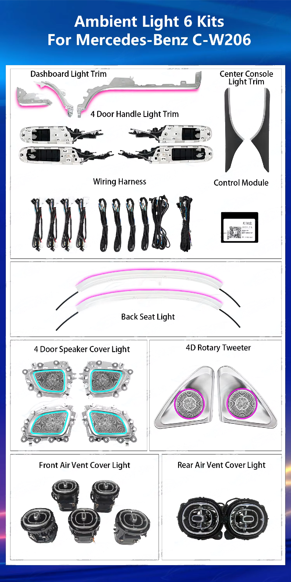 CRIS  Upgrade 64 Colors LED Car Interior Ambient Light for Mercedes Benz C-class W206 2022-2024 Atmosphere Strip Accessories