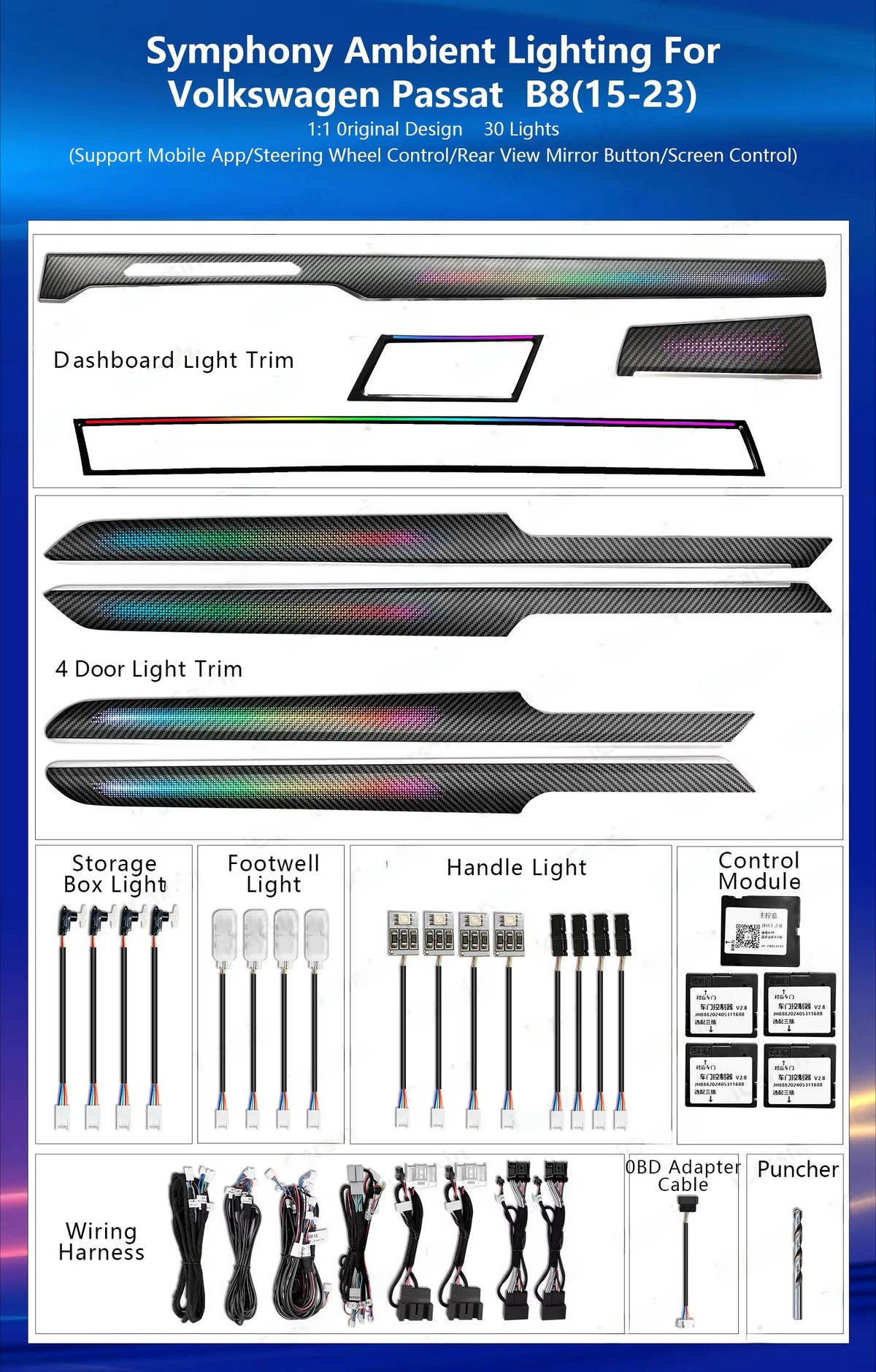 CRIS  for Volkswagen Passat B8 2015-2022 Ambient Light Dynamic Carbon/Wood Style Panel Kit Car Interior Lighting Accessories
