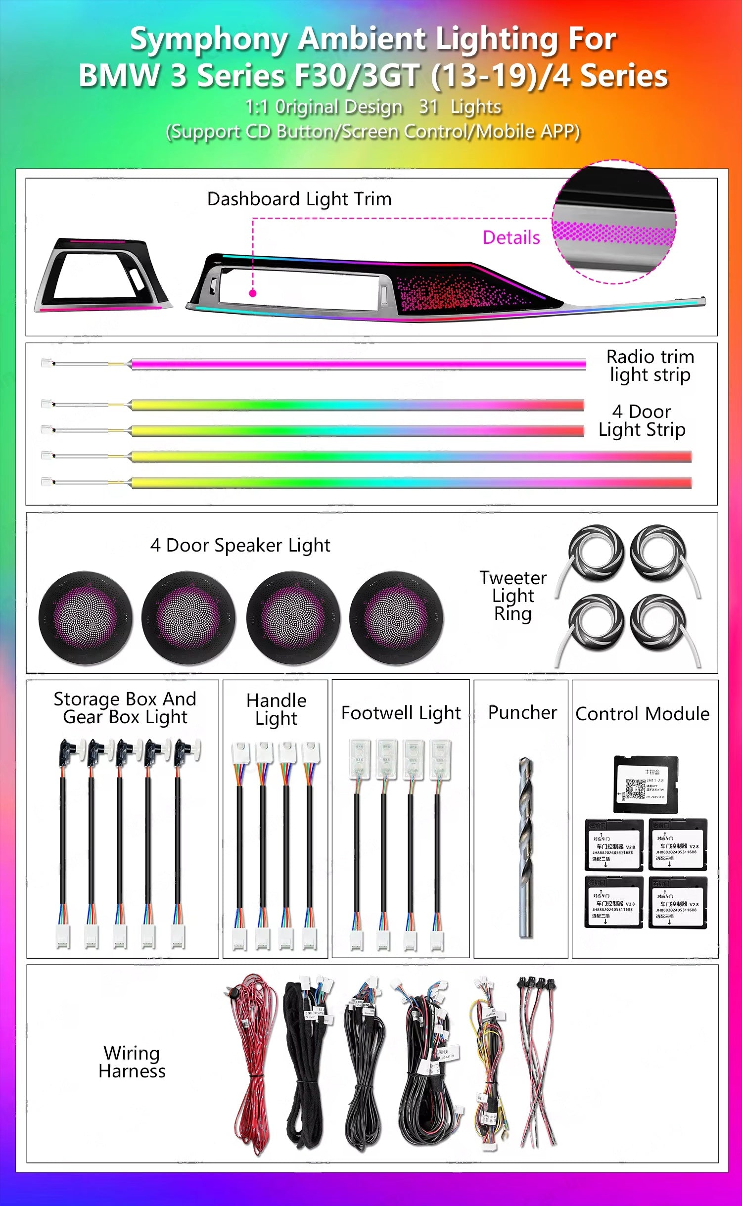 CRIS  64 Color F30 Ambient Light for BMW 4 Series Gran Coupe F36 F33 F32 Car Dashboard Trim Interior LED Lighting Upgrade