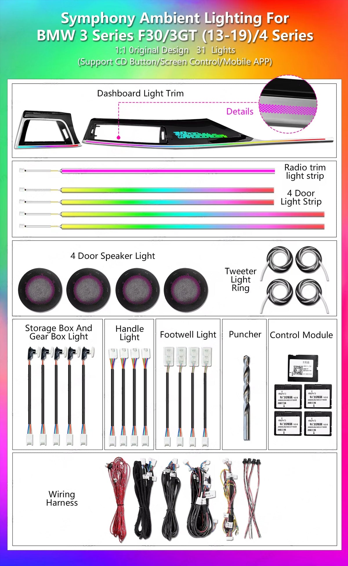 CRIS  64 Color F30 Ambient Light for BMW 4 Series Gran Coupe F36 F33 F32 Car Dashboard Trim Interior LED Lighting Upgrade