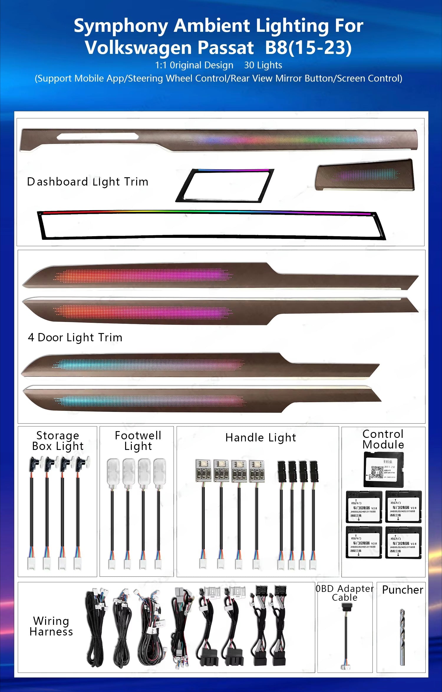 CRIS  for Volkswagen Passat B8 2015-2022 Ambient Light Dynamic Carbon/Wood Style Panel Kit Car Interior Lighting Accessories