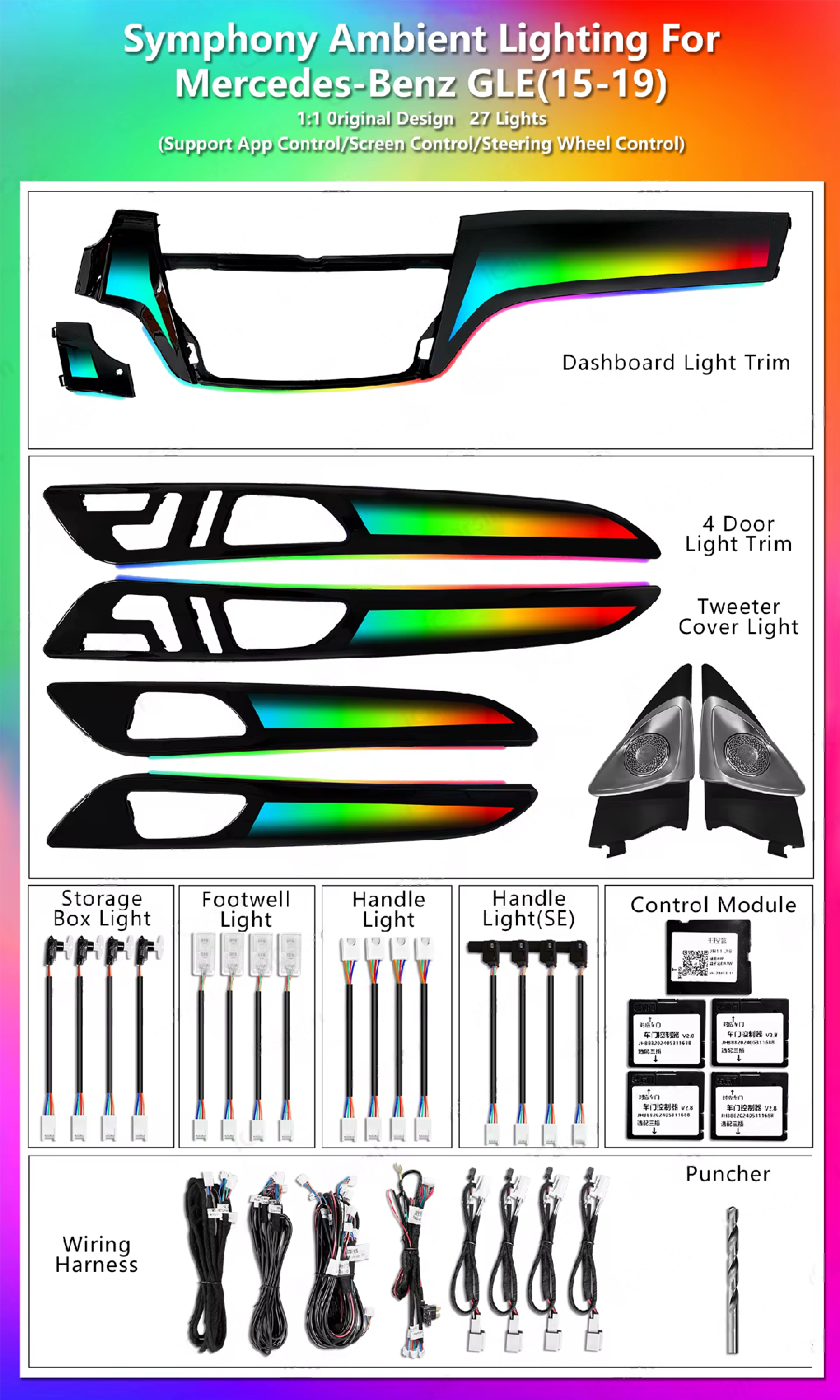 CRIS  64 Colors Dynamic W166 Ambient Light for Mercedes Benz X166 ML/GL/GLE/GLS Car Interior LED Lighting Upgrade Accessories