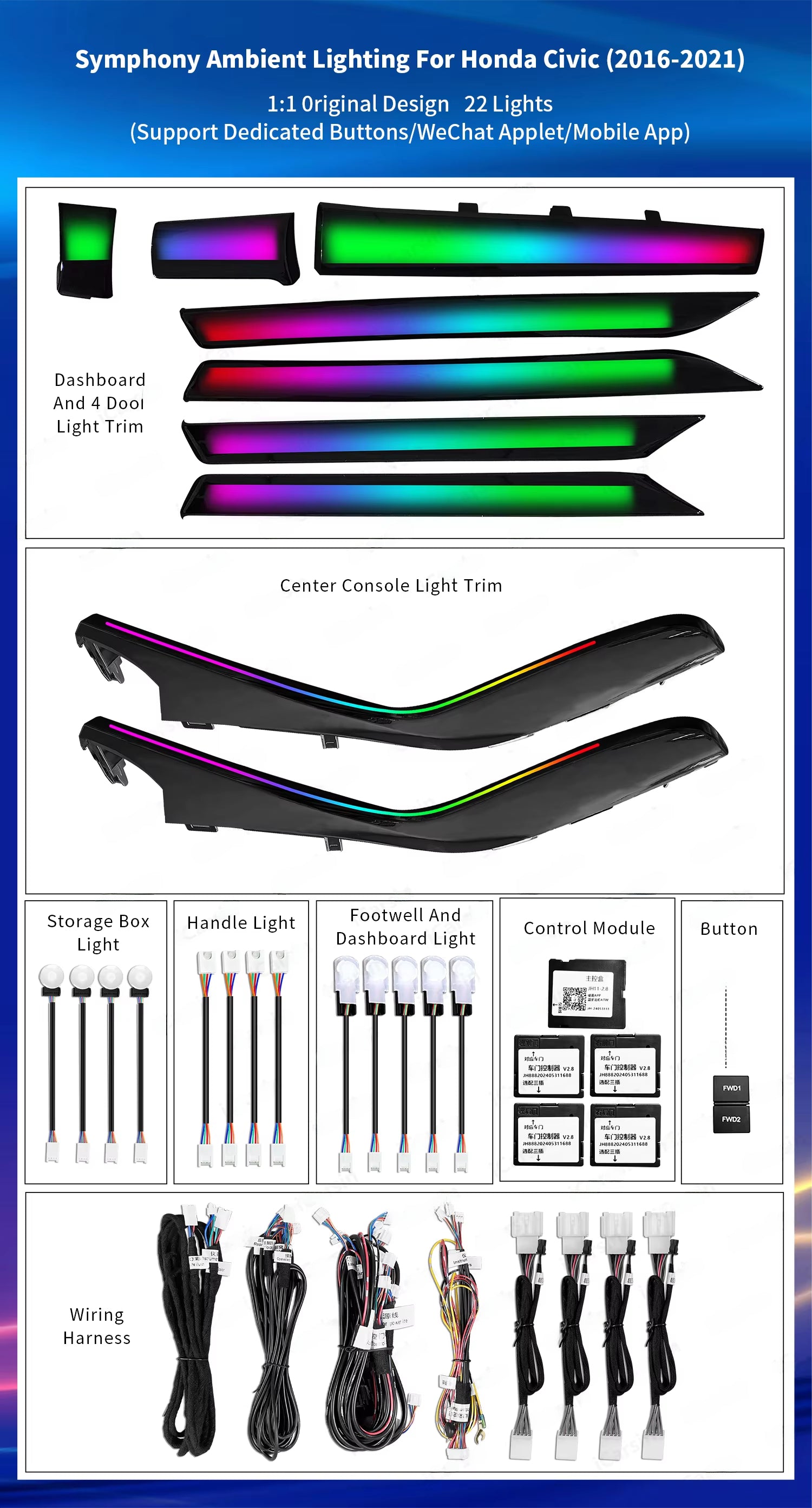 CRIS Upgrade Symphony Led Car Interior Ambient Light for Honda Civic Tenth-generation 2016-2021 Atmosphere Strip Accessories