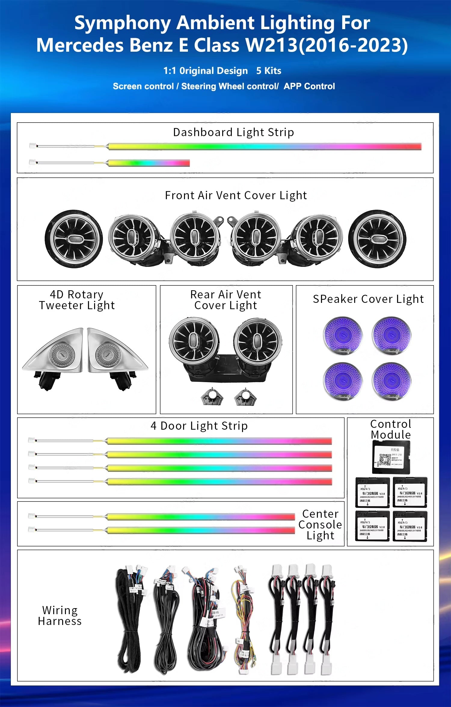 CRIS for Mercedes Benz E Class W213 Ambient Light 64 Color Symphony Car Ambient Light Interior Lighting Car Accessories.