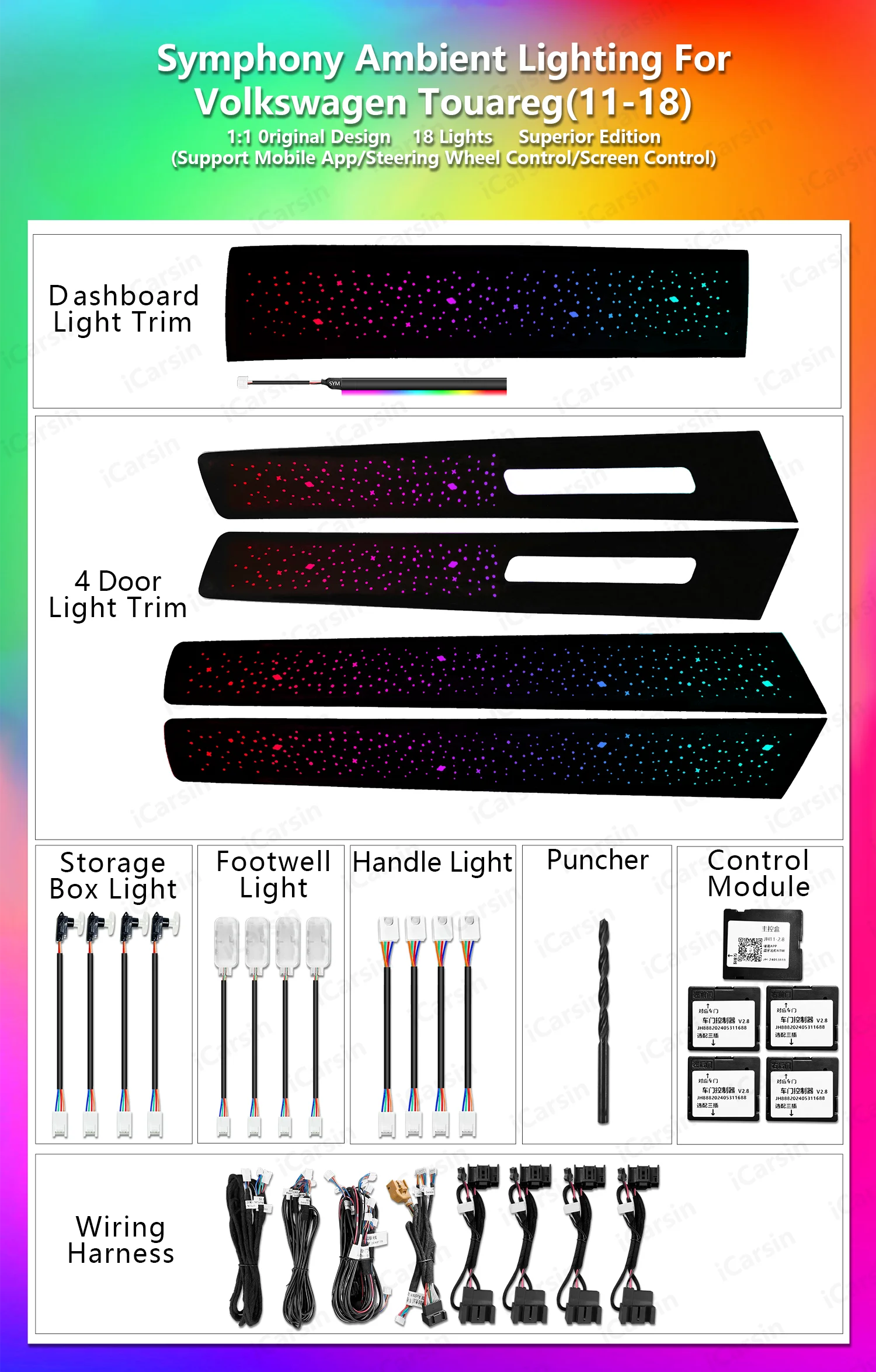 CRIS Upgrade Symphony LED Car Interior Ambient Lighting for Volkswagen VW Touareg 2011 to 2018 Strip Accessories Decoration
