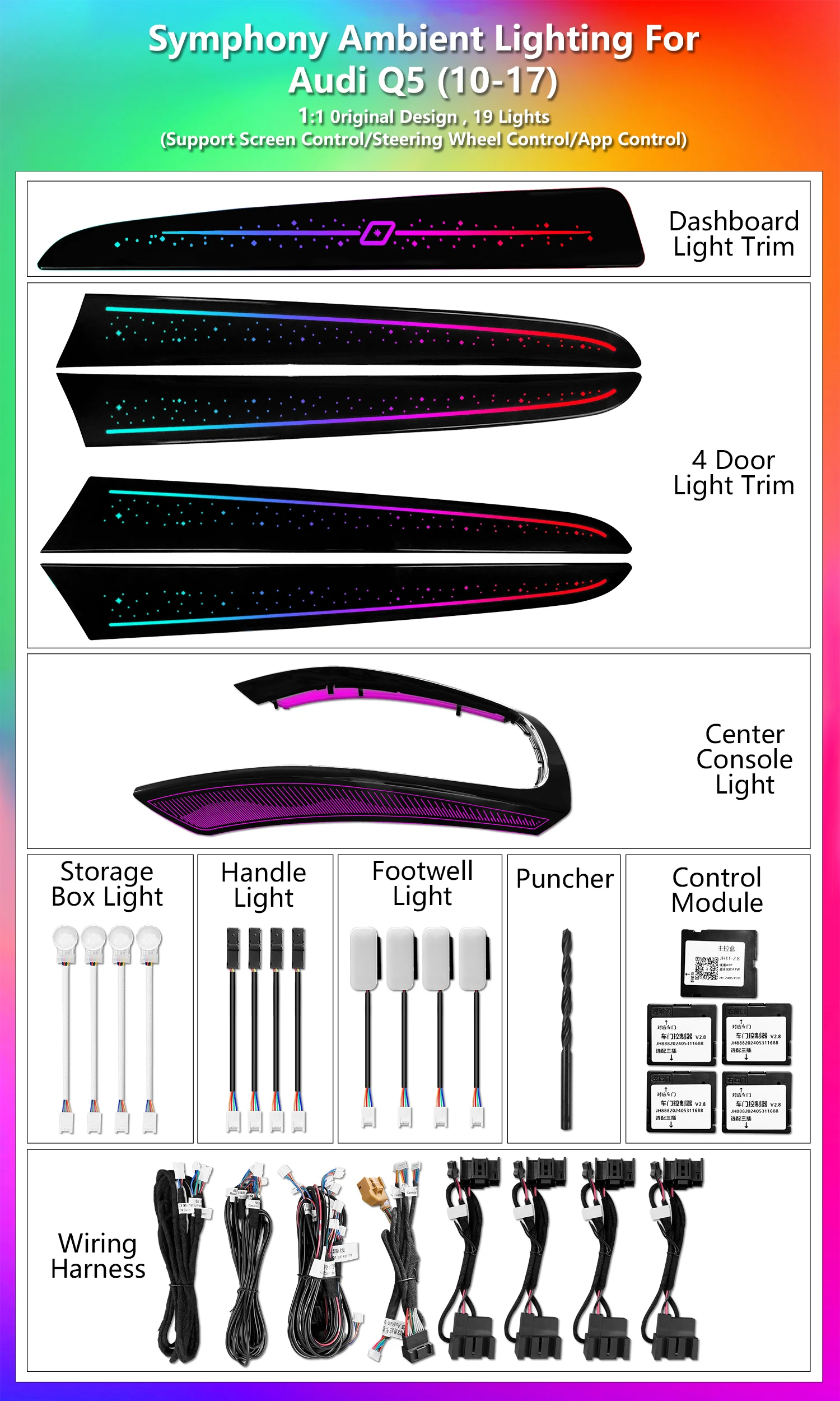 CRIS 64 Colors Star Sky Ambient Light for Audi A4 B8 A5 Q5 2010-2017 Atmosphere Lamps Rainbow Dynamic Symphony Auto Interior Lighting