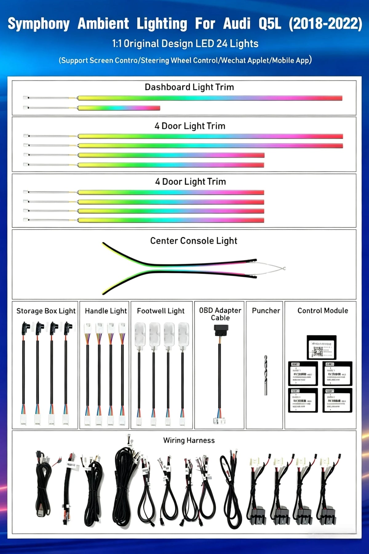 CRIS  for Audi Q5 2018-2023 Ambient Light Dynamic Symphony Colorful Car Interior LED Screen Control Ambient Light Accessories