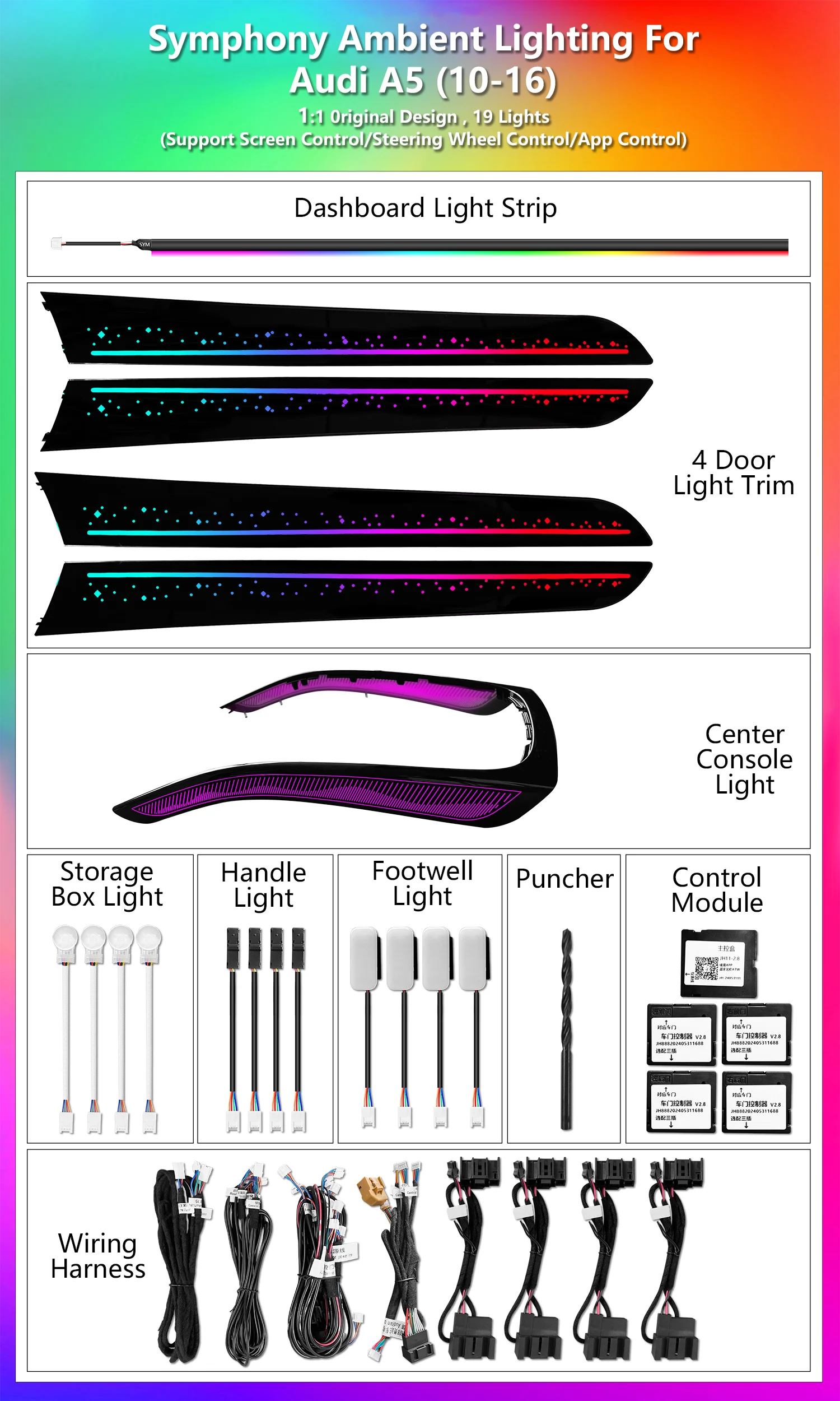 CRIS 64 Colors Star Sky Ambient Light for Audi A4 B8 A5 Q5 2010-2017 Atmosphere Lamps Rainbow Dynamic Symphony Auto Interior Lighting