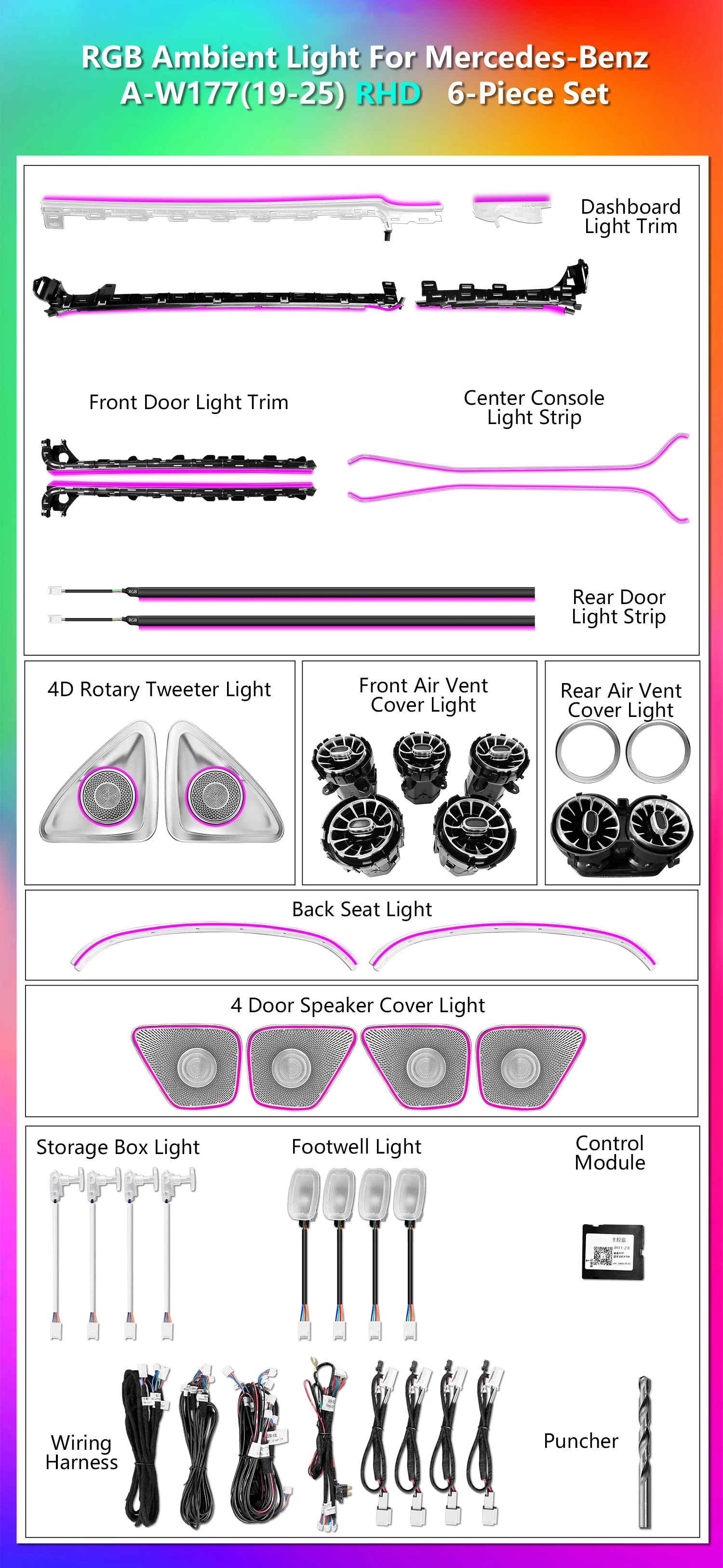 RHD ICarsin Upgrade 64 Colors LED Car Interior Ambient Light for Mercedes Benz A-Class W177 CLA W118 2018-2026 Parts Accessories