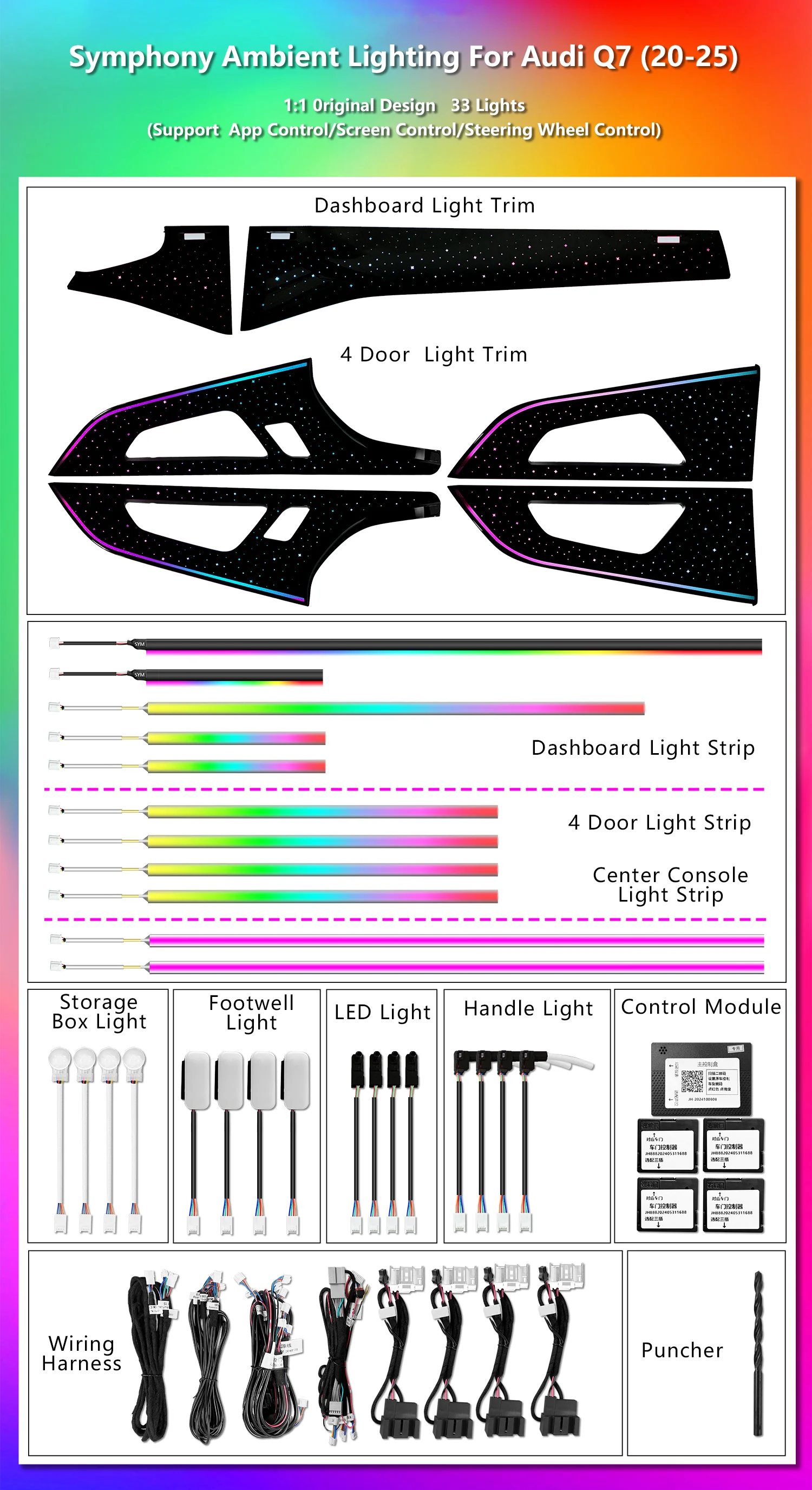CRIS for Audi Q7 Q8 4M 2016-2019 Facelit 2016-2025 Ambient Light Car Interior64 Colors Dynamic LED Ambient Lighting Upgrade Kit
