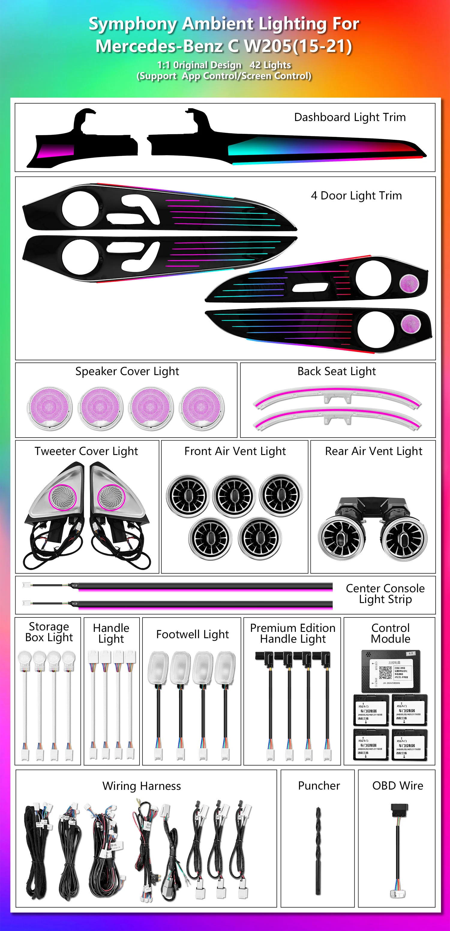 CRIS Piano Black 64 Colors Dynamic Ambient Light for Mercedes W205 X253 C253 GLC Car Interior LED Lighting Upgrade Accessories