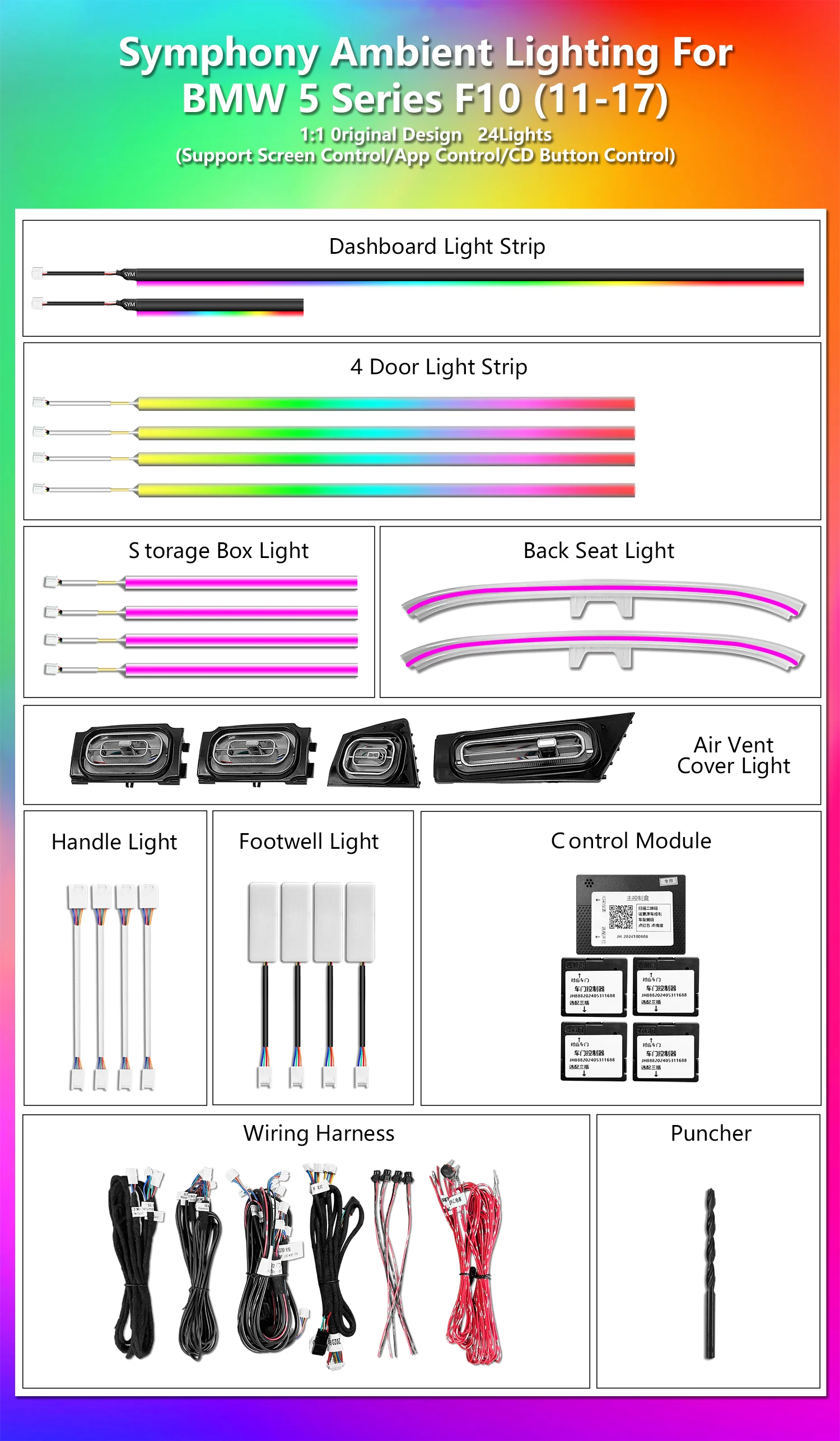CRIS  256 Colors Symphony LED Car Interior Ambient Light for BMW 5 Series F10 F11 2012-2017 AirVent Strip Accessories Upgrade