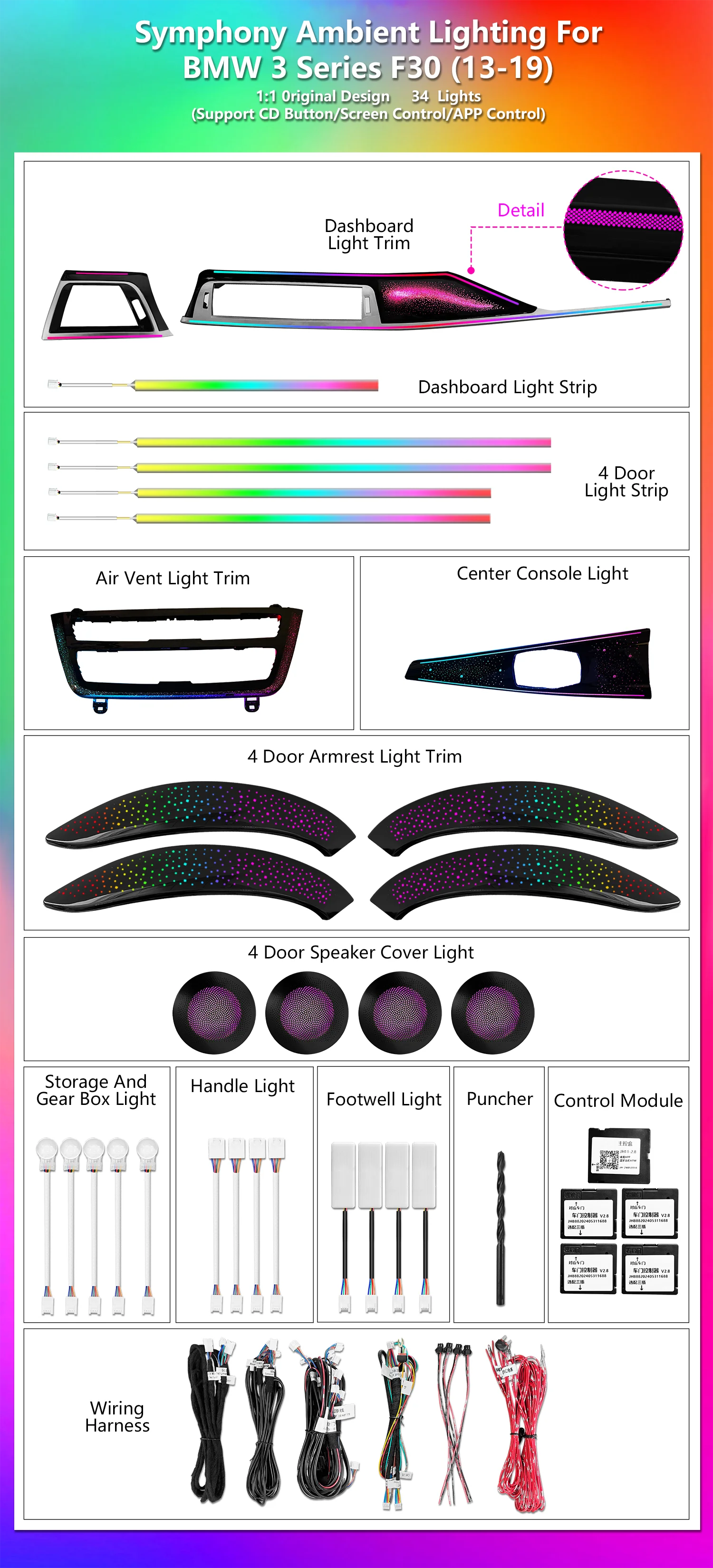 CRIS  for BMW 3/4 Series 2013-2019 F30 F34 Ambient Light Dynamic Colorful Galaxy Style Car Interior LED Lighting Upgrade Kit