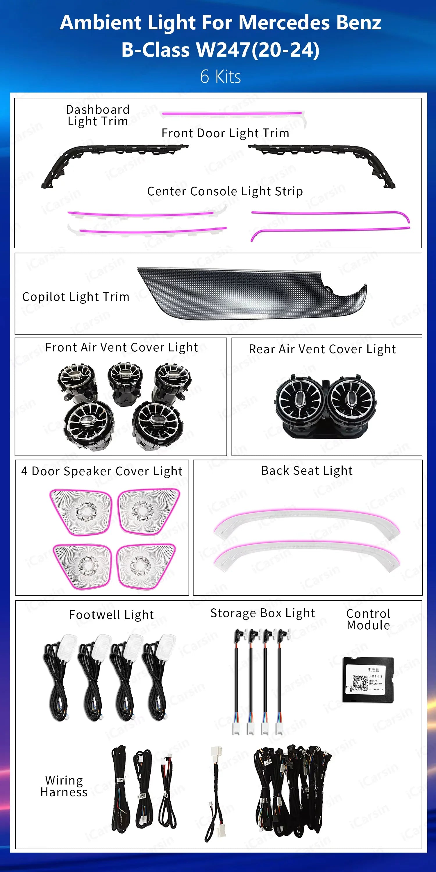 CRIS  Upgrade 64 Color LED Car Interior Ambient Lighting for Mercedes Benz B-Class W247 2020-2024 Atmosphere Strip Accessories