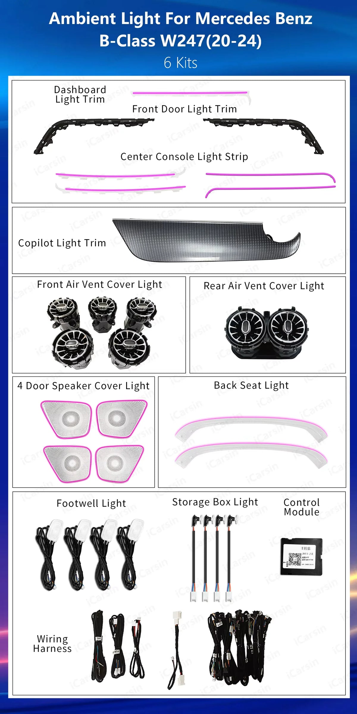 CRIS  Upgrade 64 Color LED Car Interior Ambient Lighting for Mercedes Benz B-Class W247 2020-2024 Atmosphere Strip Accessories