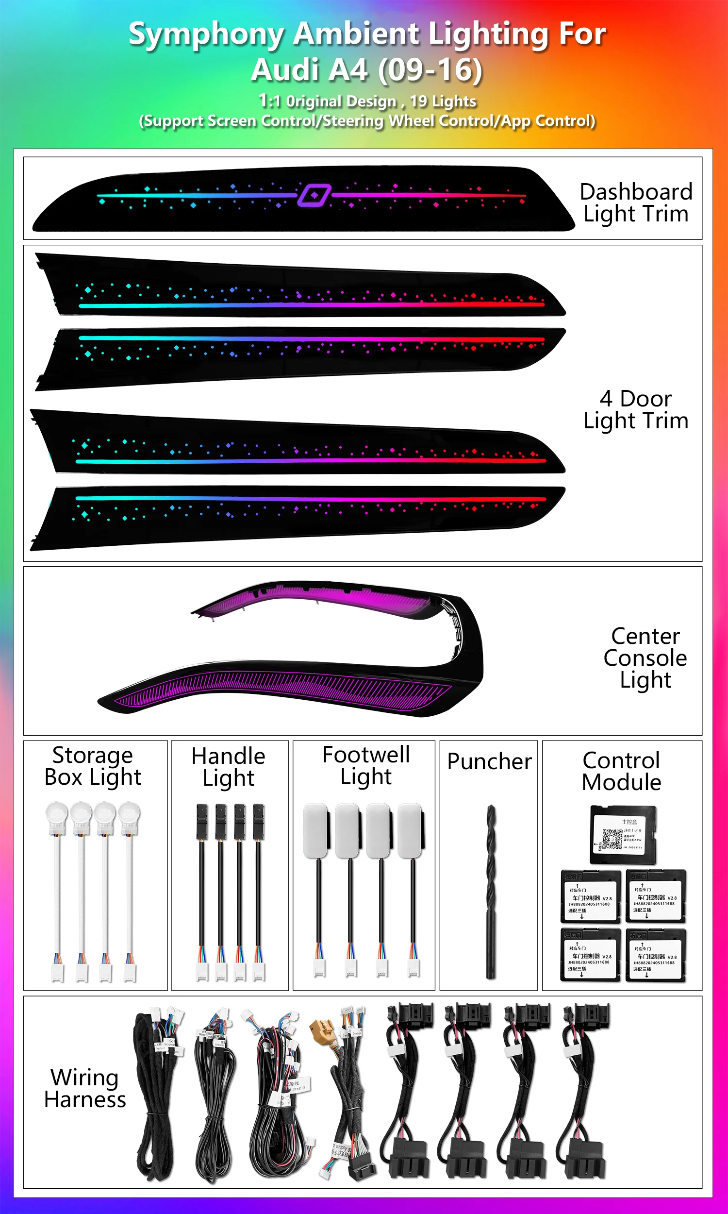 CRIS 64 Colors Star Sky Ambient Light for Audi A4 B8 A5 Q5 2010-2017 Atmosphere Lamps Rainbow Dynamic Symphony Auto Interior Lighting