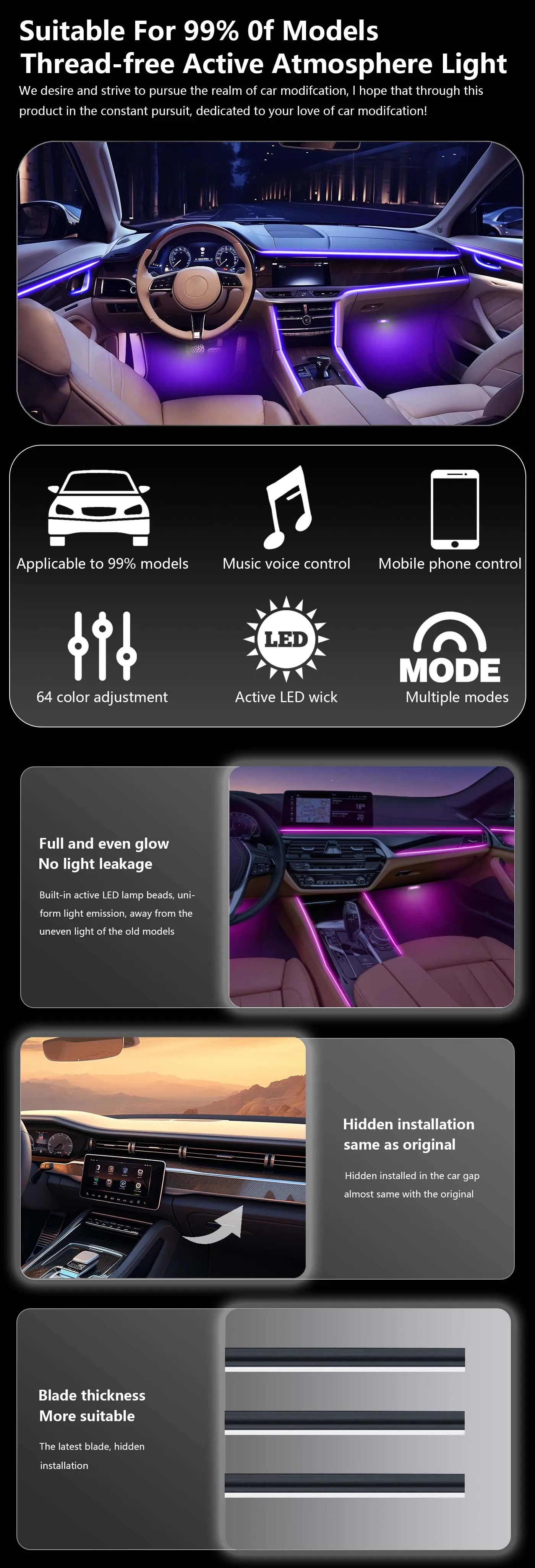 CRIS  Upgrade Acrylic Guide Fiber Streamer LED Car Ambient Lighting Universal LED Interior Hidden Decoration Accessories RGB