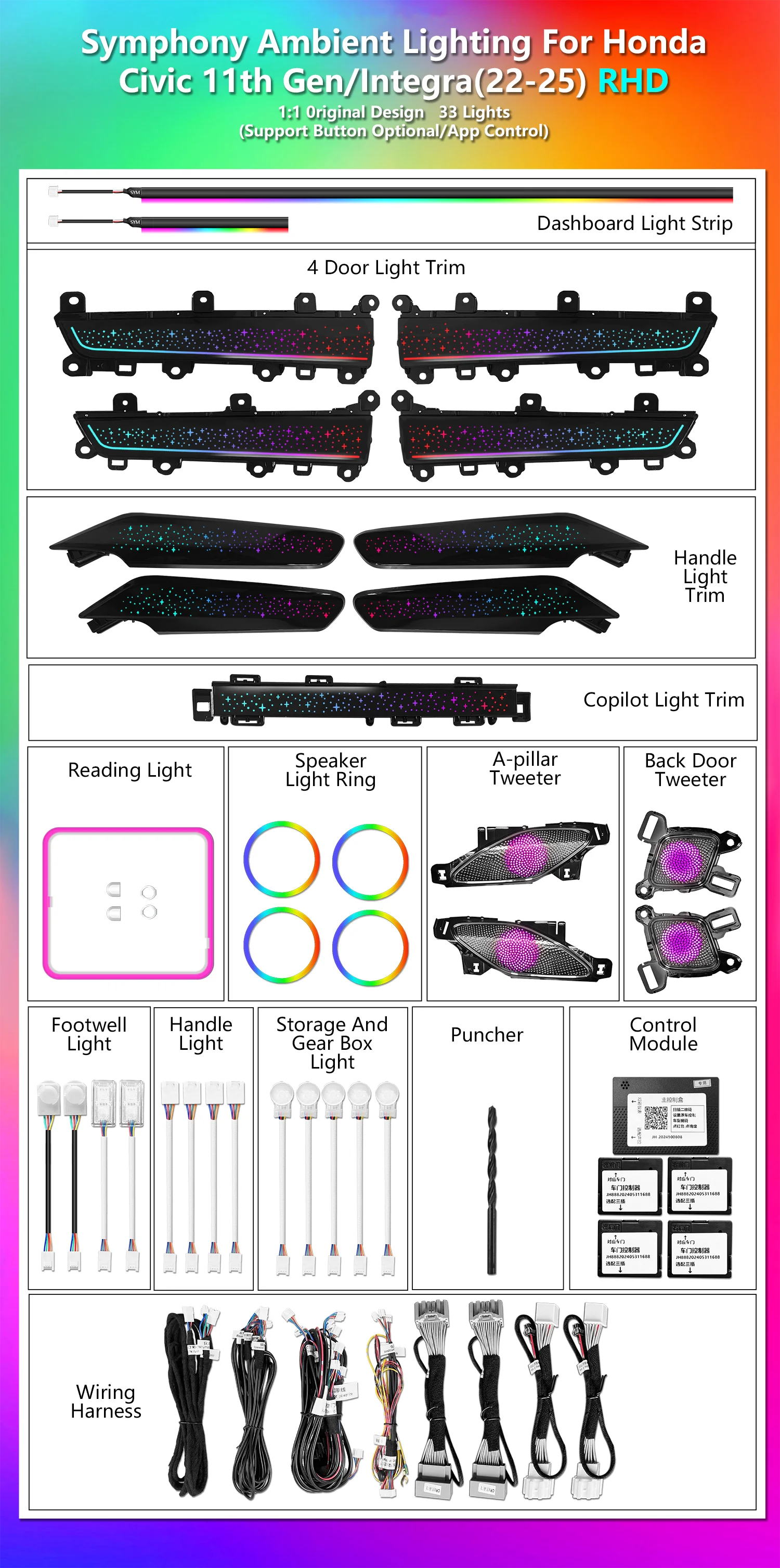 RHD CRIS Upgrade 256 Colors Symphony Led Car Interior Ambient Light for Honda Civic 11th 2022-2025 Trim Accessories