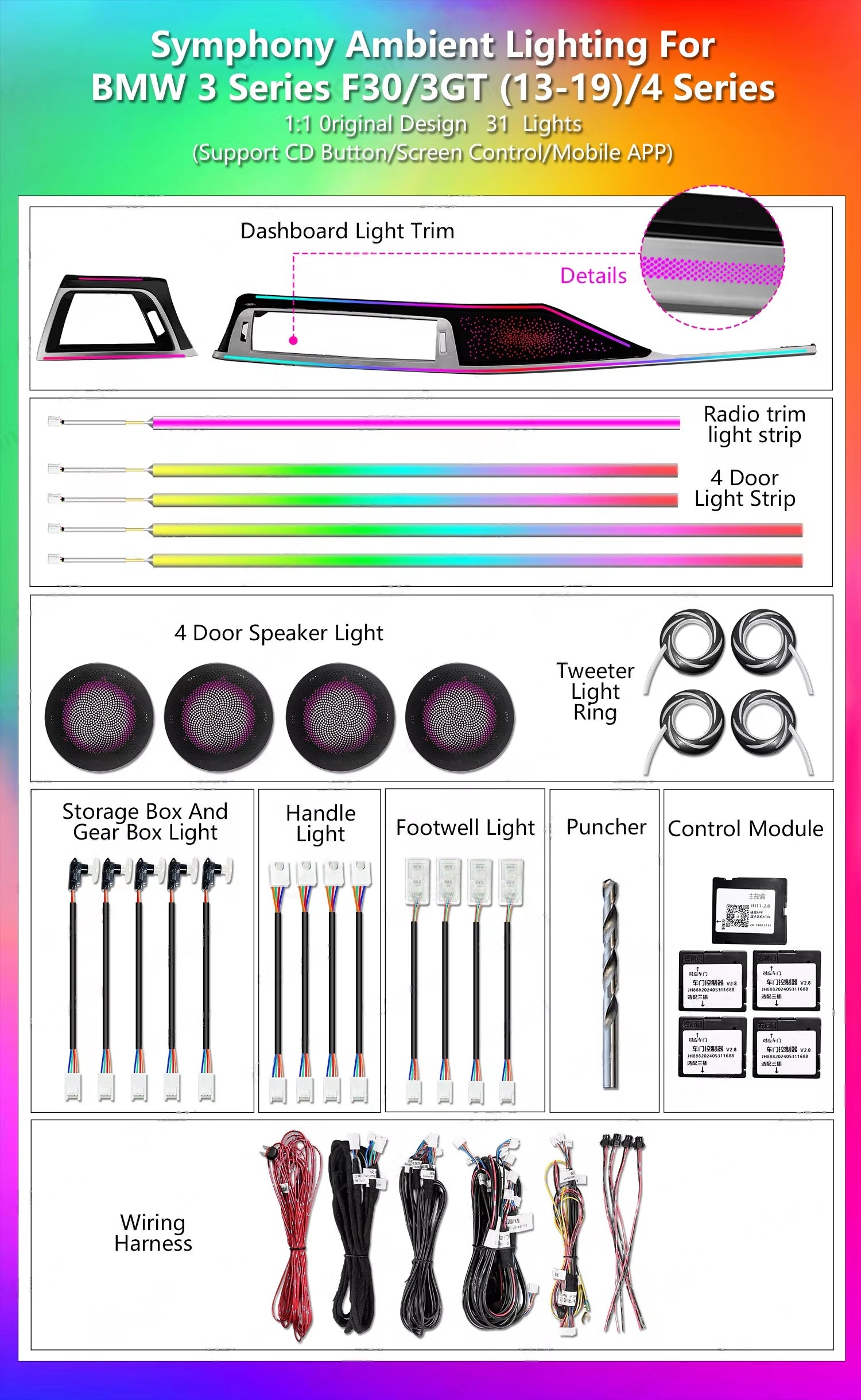 CRIS  64 Color F30 Ambient Light for BMW 4 Series Gran Coupe F36 F33 F32 Car Dashboard Trim Interior LED Lighting Upgrade